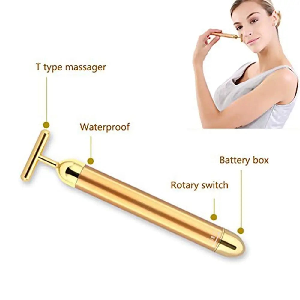24k Gold Face Lift Bar Roller Vibration Slimming Massager Facial Stick Facial Beauty Skin Care T Shaped Vibrating Tool with Bag
