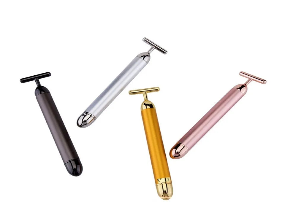 24k Gold Face Lift Bar Roller Vibration Slimming Massager Facial Stick Facial Beauty Skin Care T Shaped Vibrating Tool with Bag