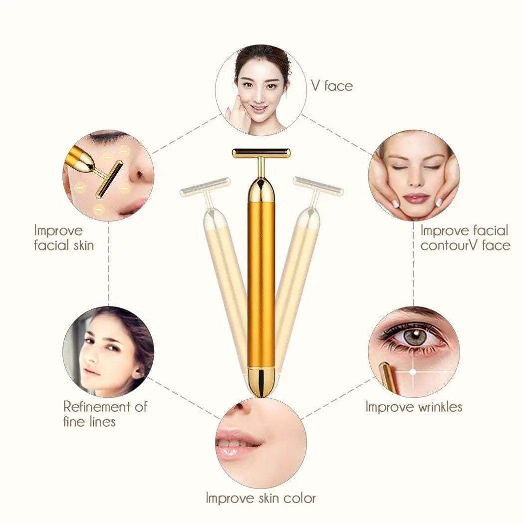 24k Gold Face Lift Bar Roller Vibration Slimming Massager Facial Stick Facial Beauty Skin Care T Shaped Vibrating Tool with Bag