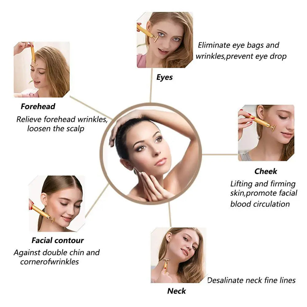 24k Gold Face Lift Bar Roller Vibration Slimming Massager Facial Stick Facial Beauty Skin Care T Shaped Vibrating Tool with Bag