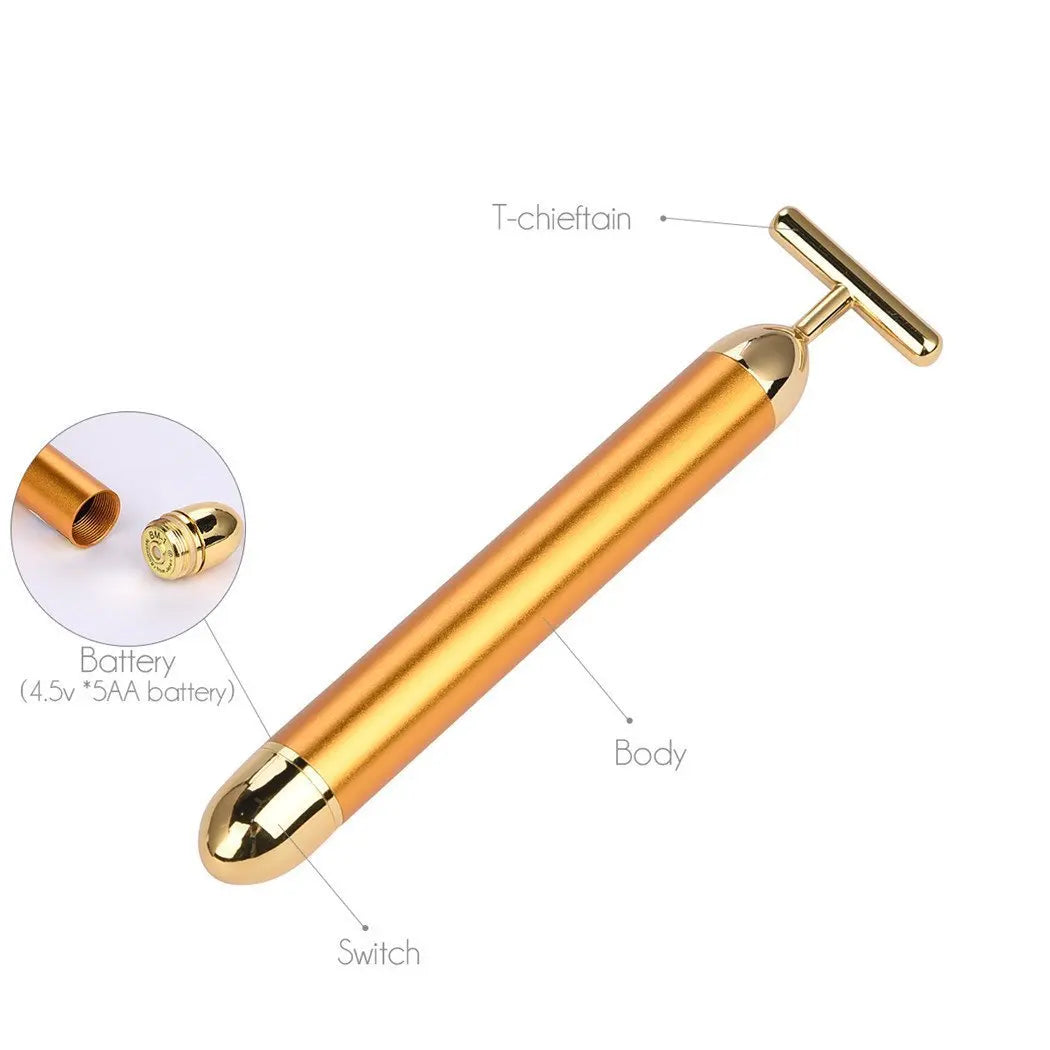 24k Gold Face Lift Bar Roller Vibration Slimming Massager Facial Stick Facial Beauty Skin Care T Shaped Vibrating Tool with Bag