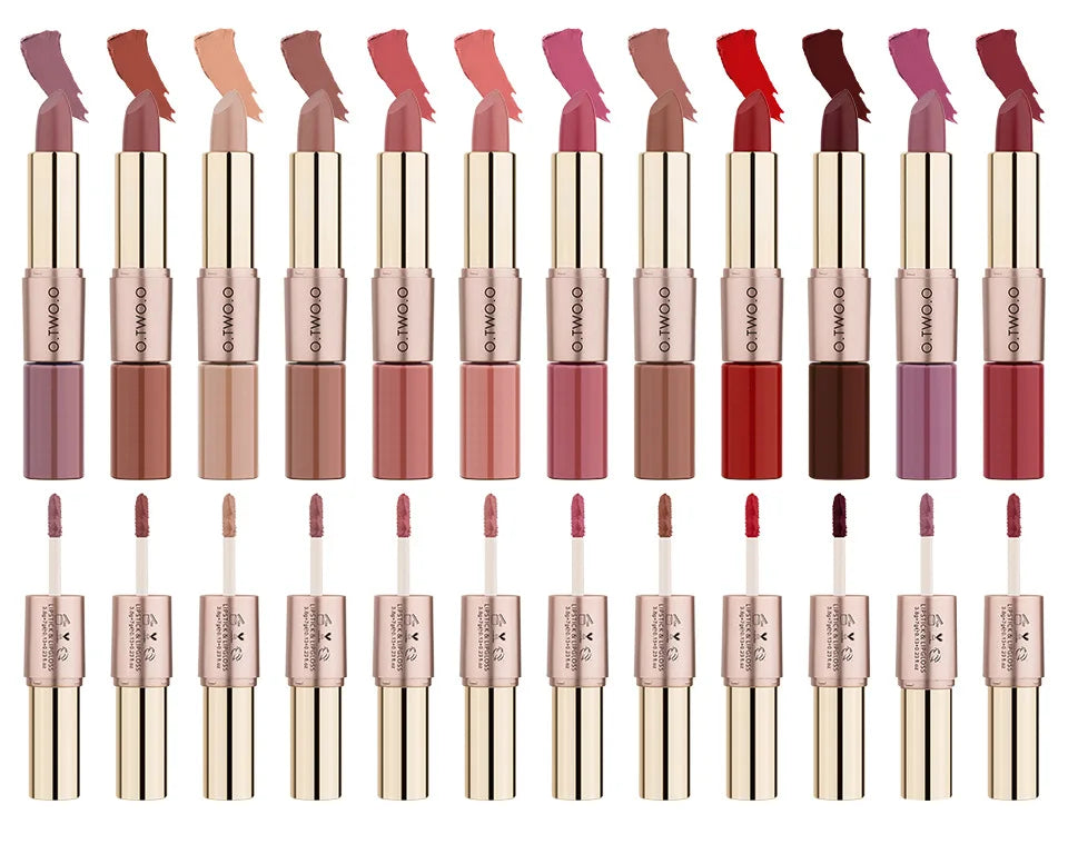 O.TWO.O 2 in 1 Matte Lipstick Lip Gloss Cosmetics Waterproof Pintalabios Batom Mate Lips Makeup Rouge 12 Colors Lip Stick