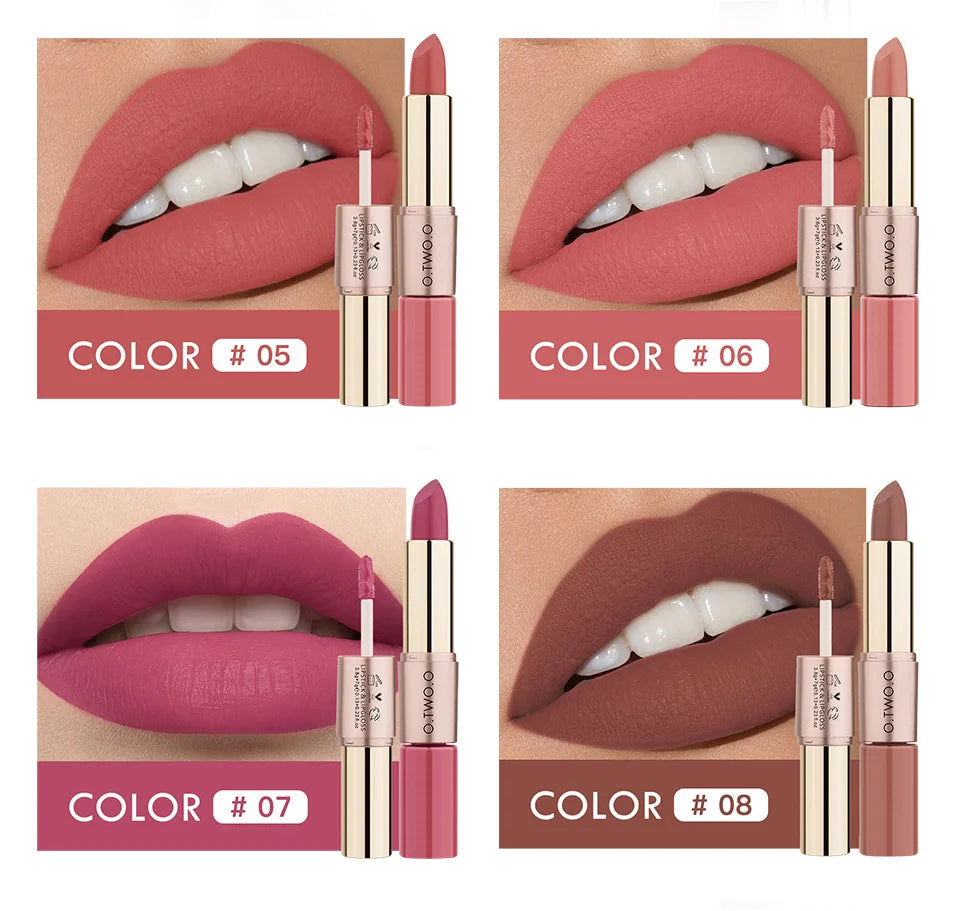 O.TWO.O 2 in 1 Matte Lipstick Lip Gloss Cosmetics Waterproof Pintalabios Batom Mate Lips Makeup Rouge 12 Colors Lip Stick