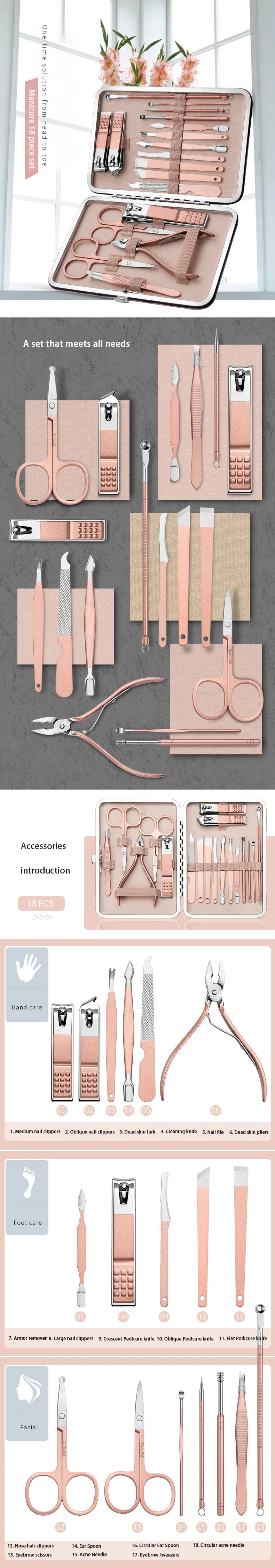 High Quality Stainless Steel 18 Pcs set Beauty Nail Repair Including Foot And Eyebrow Trimming Eagle Nose Pliers Manicure Kit