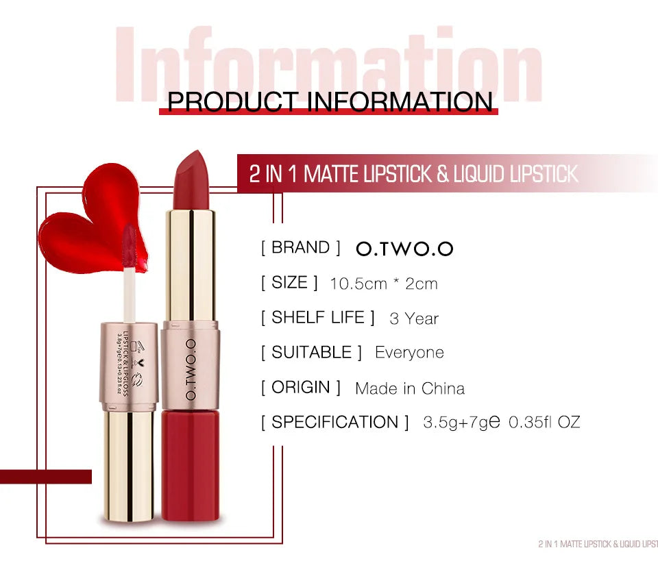 O.TWO.O 2 in 1 Matte Lipstick Lip Gloss Cosmetics Waterproof Pintalabios Batom Mate Lips Makeup Rouge 12 Colors Lip Stick