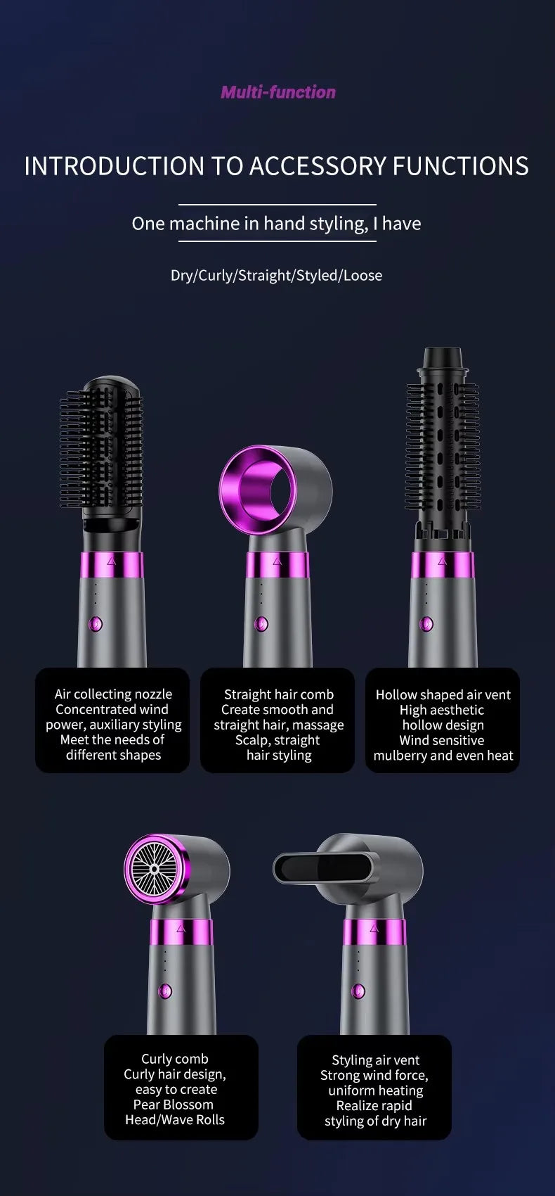 5 in 1 Multifunction Hair Dryer Hot Air Comb with Automatic Curling Rod Straightener Fast Dry Salon Tool