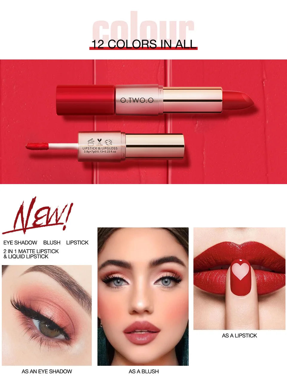 O.TWO.O 2 in 1 Matte Lipstick Lip Gloss Cosmetics Waterproof Pintalabios Batom Mate Lips Makeup Rouge 12 Colors Lip Stick