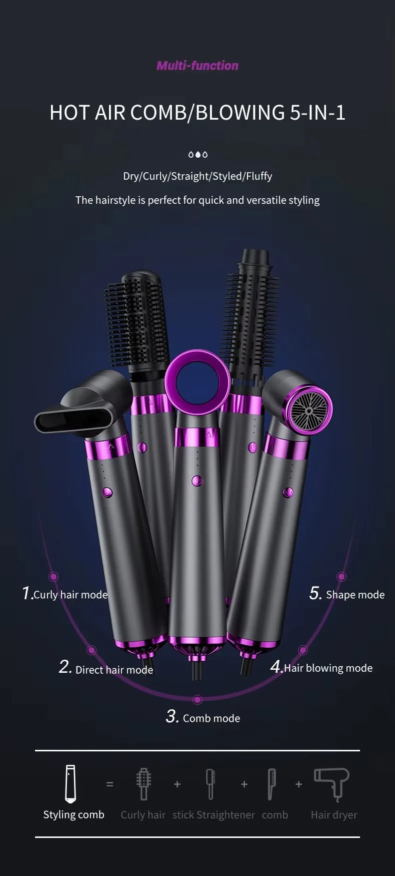 5 in 1 Multifunction Hair Dryer Hot Air Comb with Automatic Curling Rod Straightener Fast Dry Salon Tool