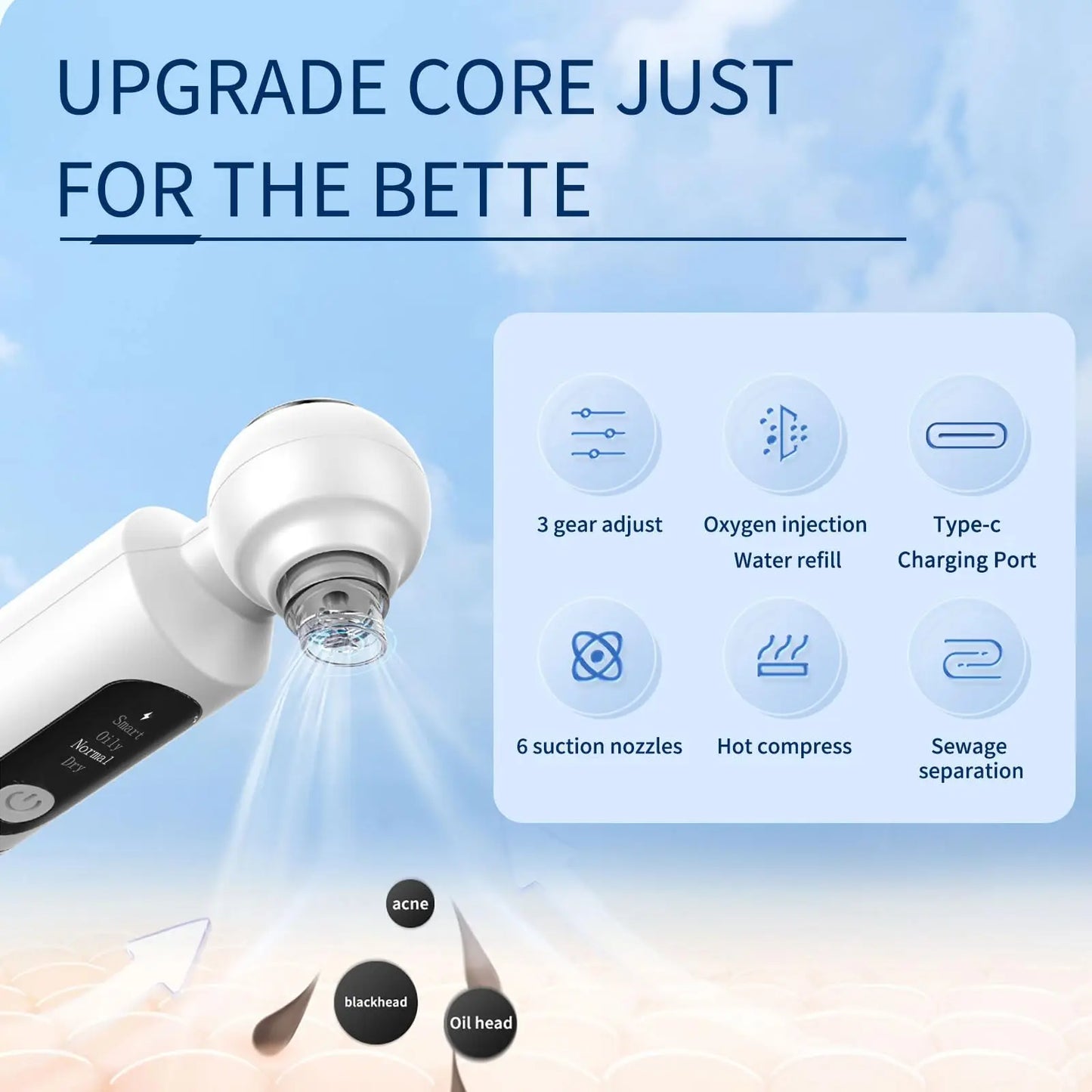 Hot Compress Blackhead Remover Skin Tag Remover Deep Dirt Skin Cleaning Machine with 6 Suction Heads Electric Beauty Device