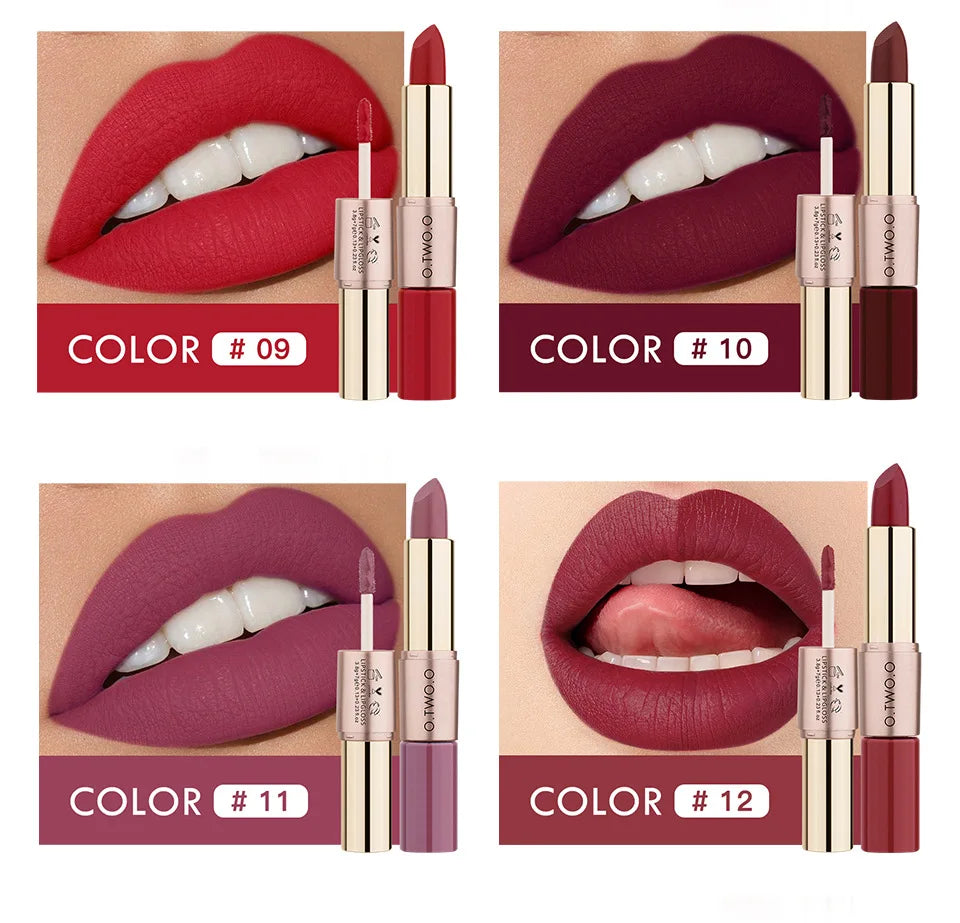 O.TWO.O 2 in 1 Matte Lipstick Lip Gloss Cosmetics Waterproof Pintalabios Batom Mate Lips Makeup Rouge 12 Colors Lip Stick