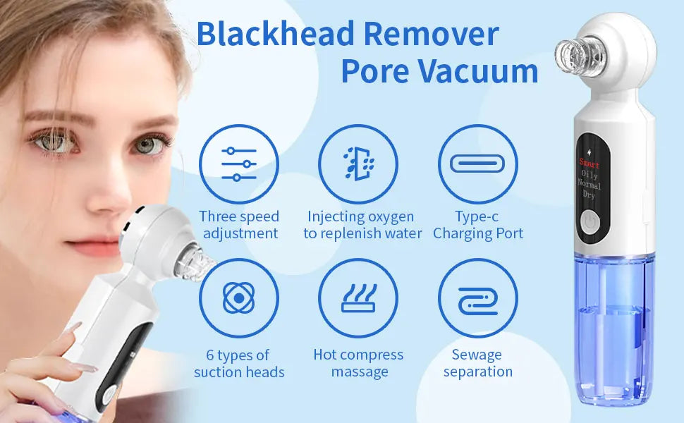 Hot Compress Blackhead Remover Skin Tag Remover Deep Dirt Skin Cleaning Machine with 6 Suction Heads Electric Beauty Device