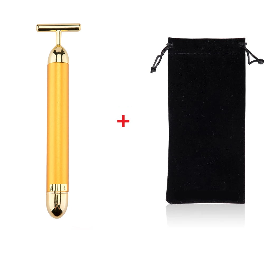 24k Gold Face Lift Bar Roller Vibration Slimming Massager Facial Stick Facial Beauty Skin Care T Shaped Vibrating Tool with Bag
