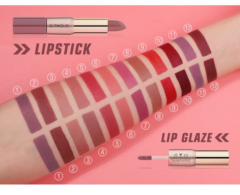 O.TWO.O 2 in 1 Matte Lipstick Lip Gloss Cosmetics Waterproof Pintalabios Batom Mate Lips Makeup Rouge 12 Colors Lip Stick