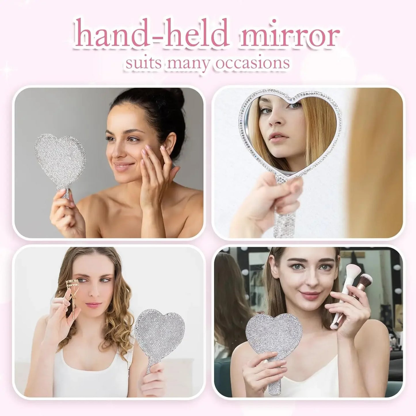 Diamond Handheld Makeup Mirror Love Heart Mirror Female Handle Makeup Cosmetic Beauty Tools Handheld Vanity Girls Make Up Mirror