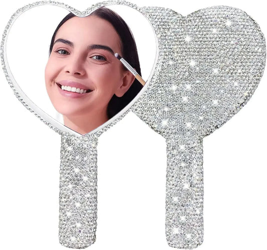 Diamond Handheld Makeup Mirror Love Heart Mirror Female Handle Makeup Cosmetic Beauty Tools Handheld Vanity Girls Make Up Mirror