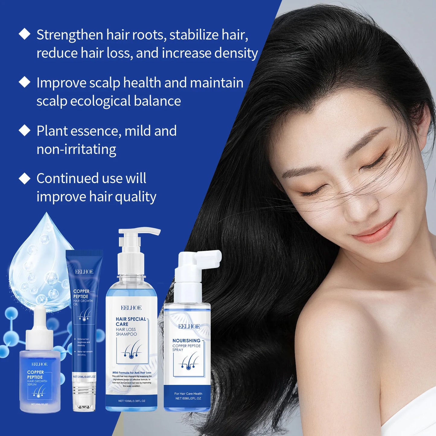 EELHOE Hair Care Set Blue Copper Peptide Serum Anti Hair Loss Treatment Damaged Hair Repair Copper Peptide Hair Growth Products